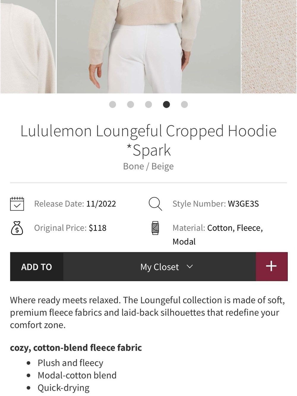 Lululemon Loungeful Cropped Hoodie in Bone/Beige / Glitter /Gold Size 10
